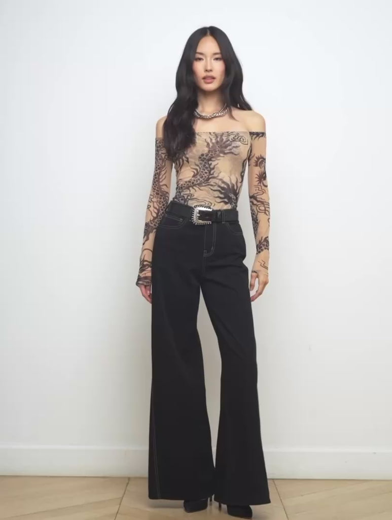 Lagence_Peonie_Off_The_Shoulder_Bodysuit_Beige_Black_Dragon_Tattoo6